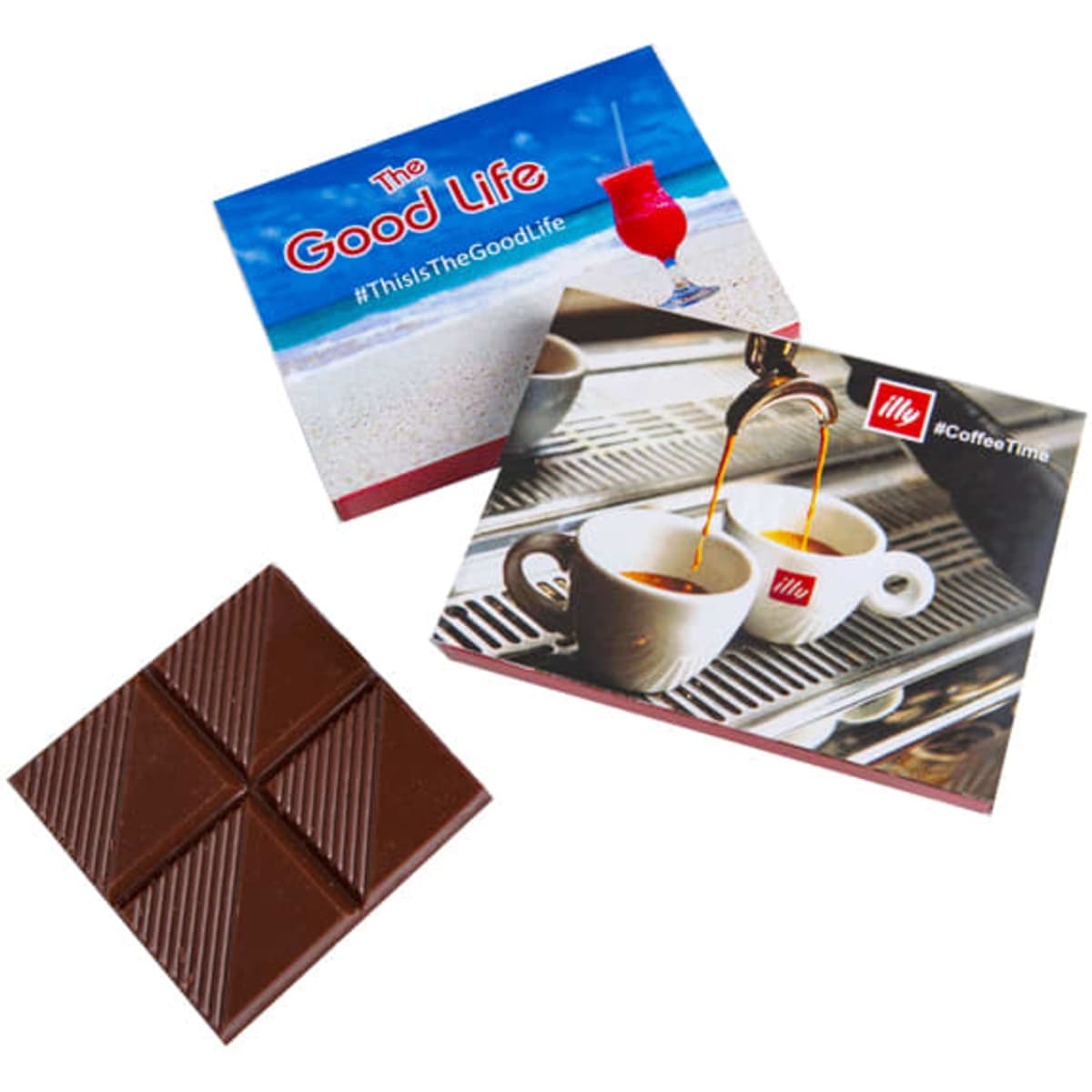 A chocolate square in a box, featuring a dark brown chocolate piece alongside colourful packaging with images and a logo.