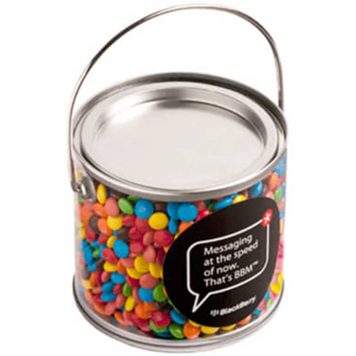 A medium clear PVC bucket filled with colourful M&Ms in various shades. The bucket features a metal handle.