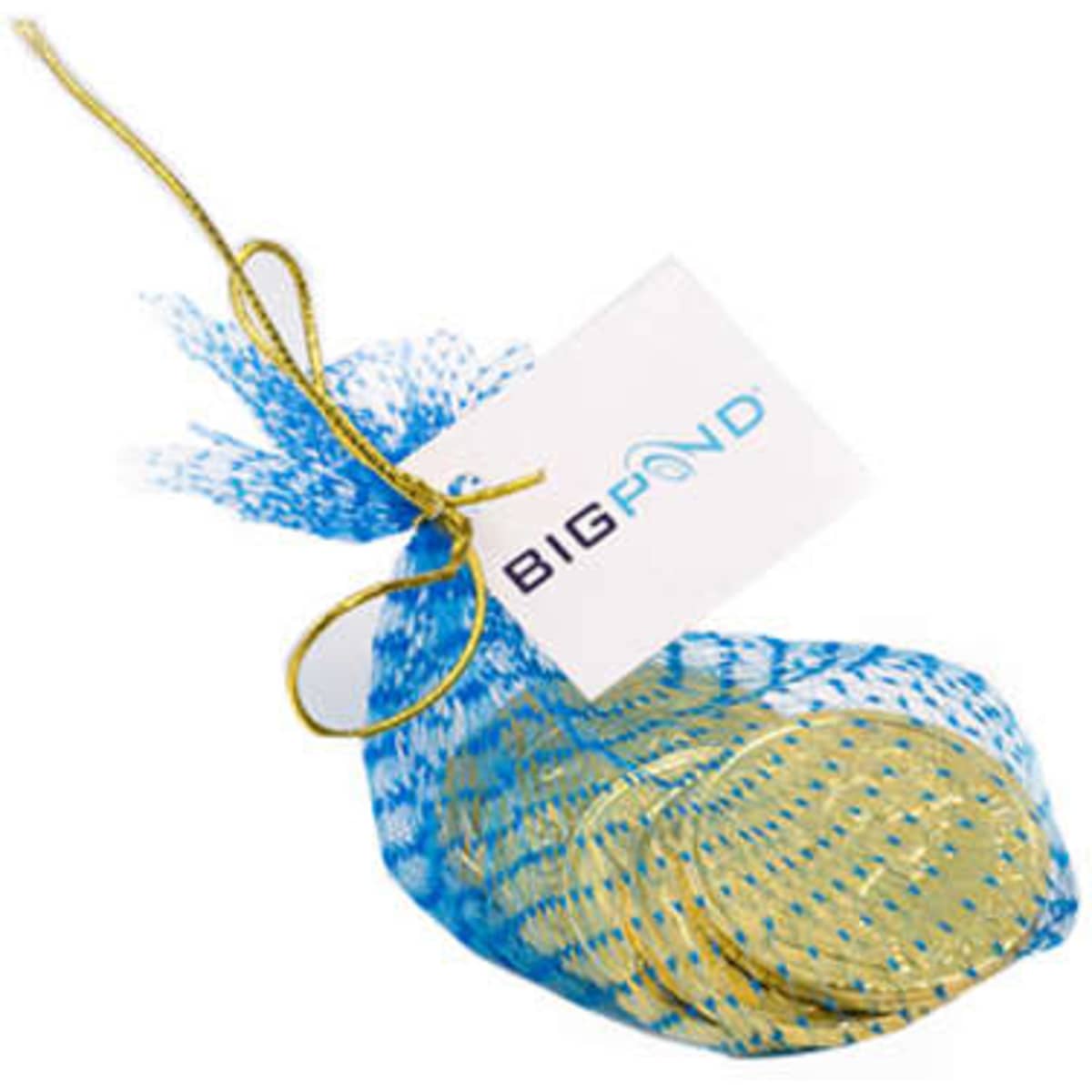 A mesh bag containing six gold chocolate coins, tied with a golden ribbon and featuring a branding tag.