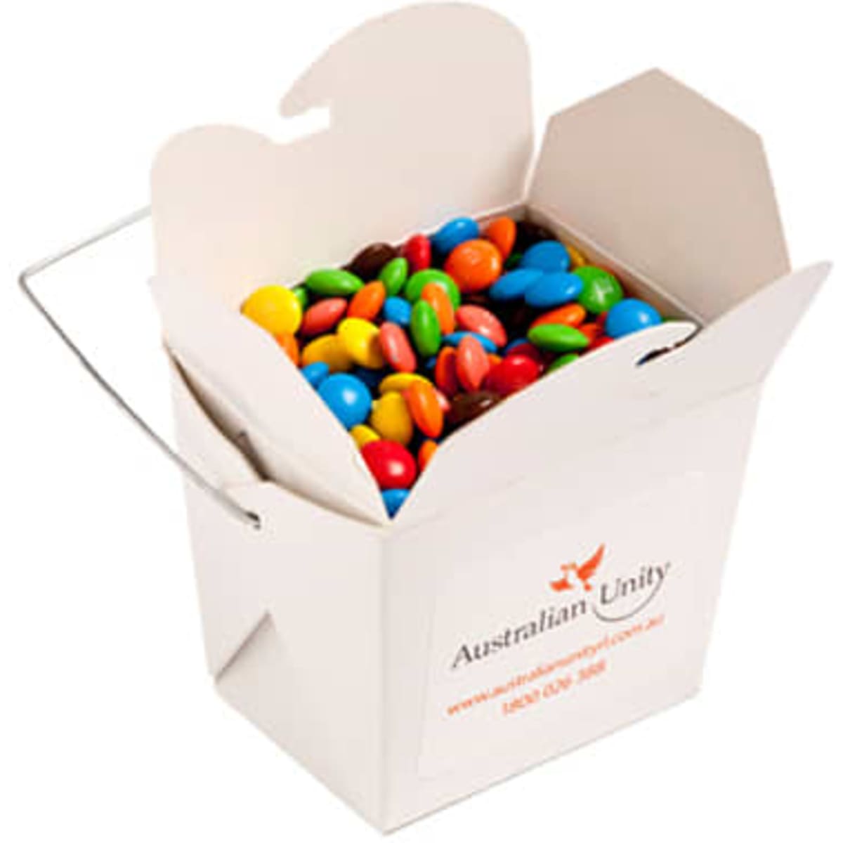 White Cardboard Noodle Box with Mini M&Ms 100g