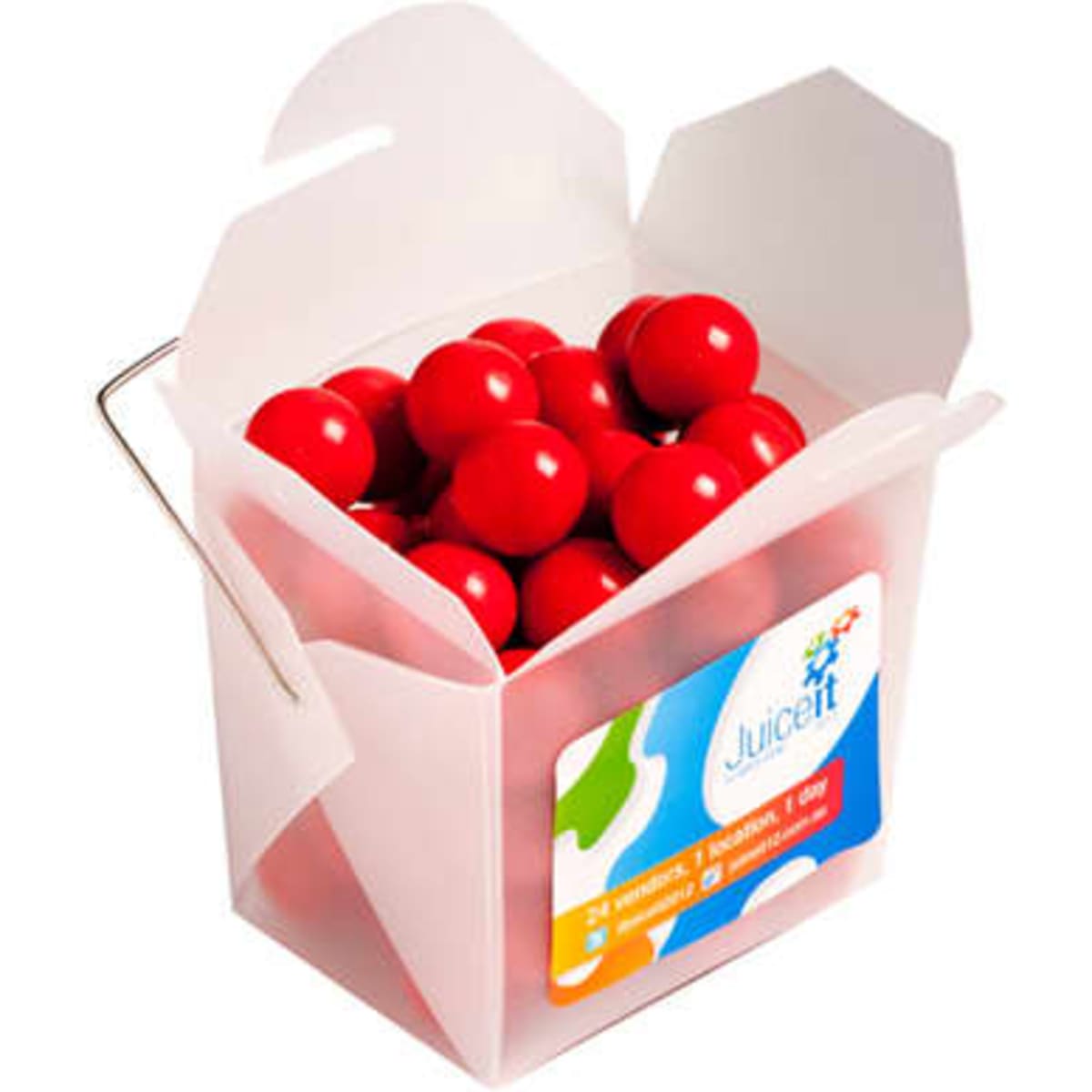 A frosted noodle box containing round orange chocolate drops, with a handle and a colourful logo.