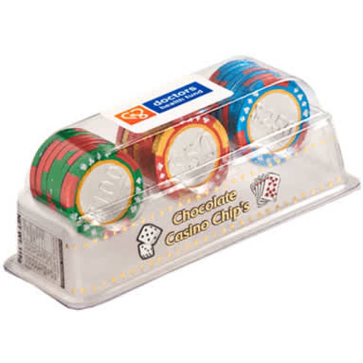 A set of chocolate poker chips in red, green, and blue, packaged in a clear container with a logo.