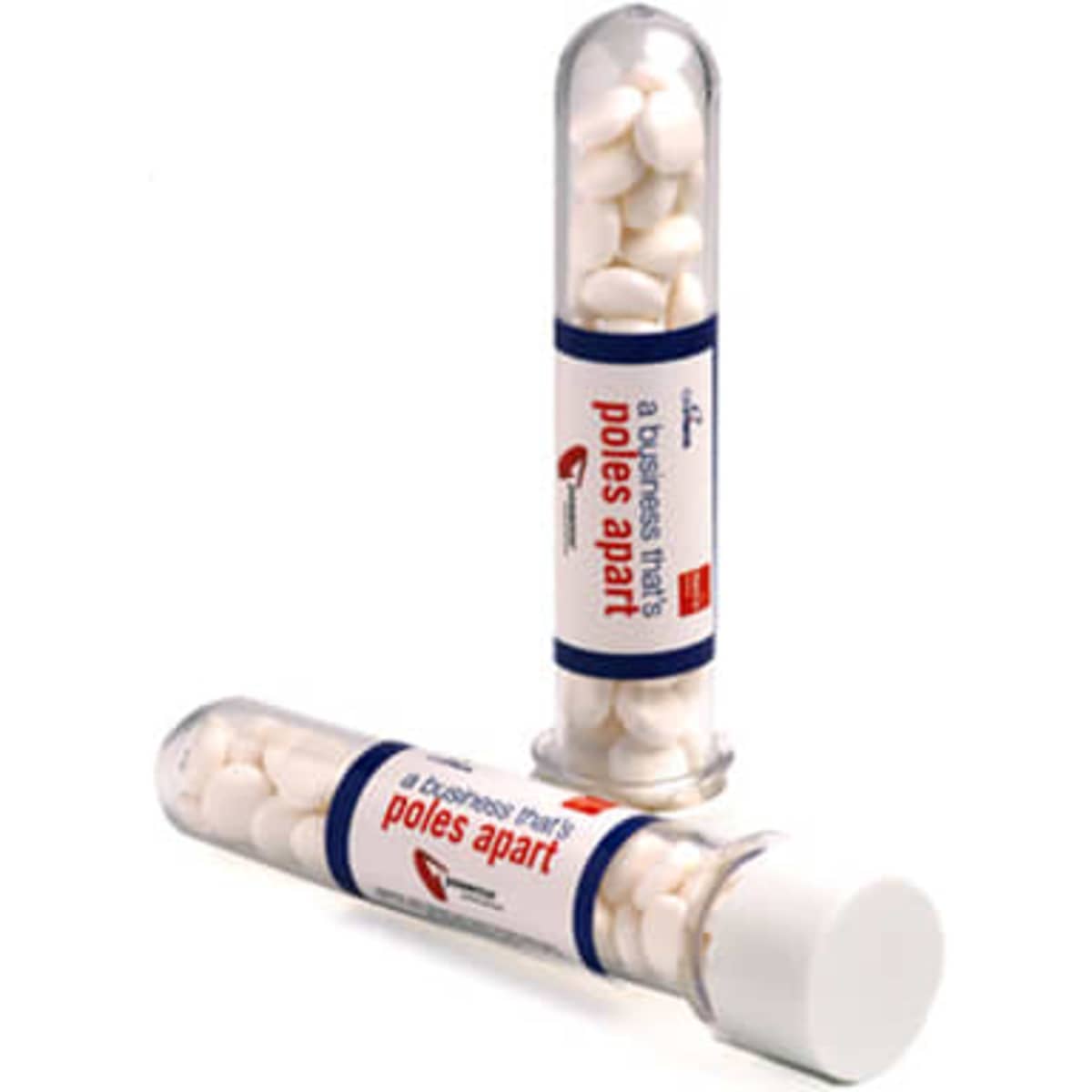 Test tubes filled with white mints, featuring a clear container and a white cap. One tube is upright, the other is lying down.
