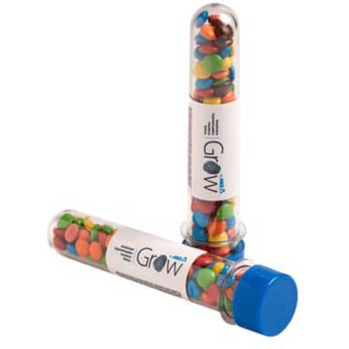 A promotional test tube filled with colourful M&Ms, featuring a blue cap and a branding label.