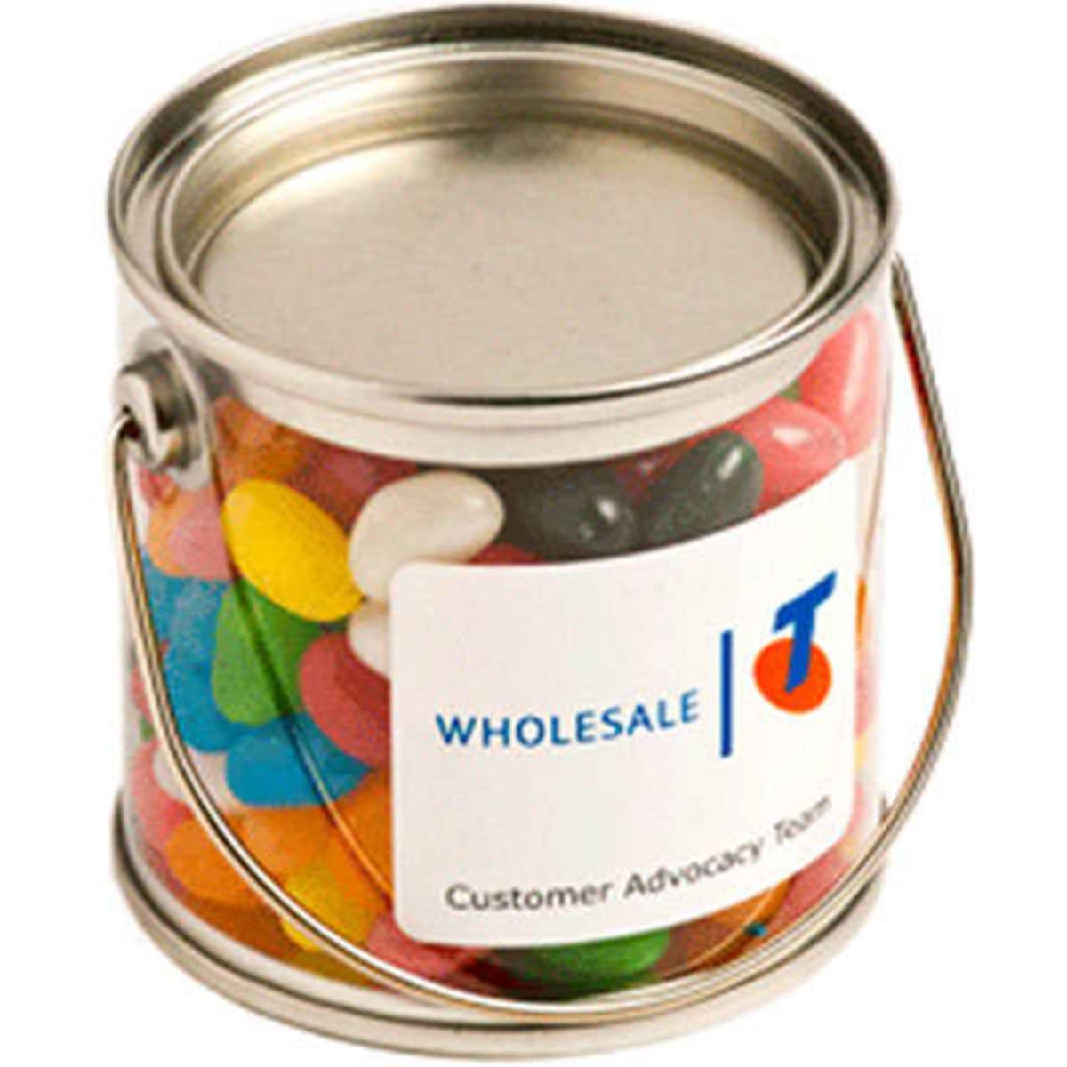 A small silver bucket filled with colourful mini jelly beans, featuring a branding label.