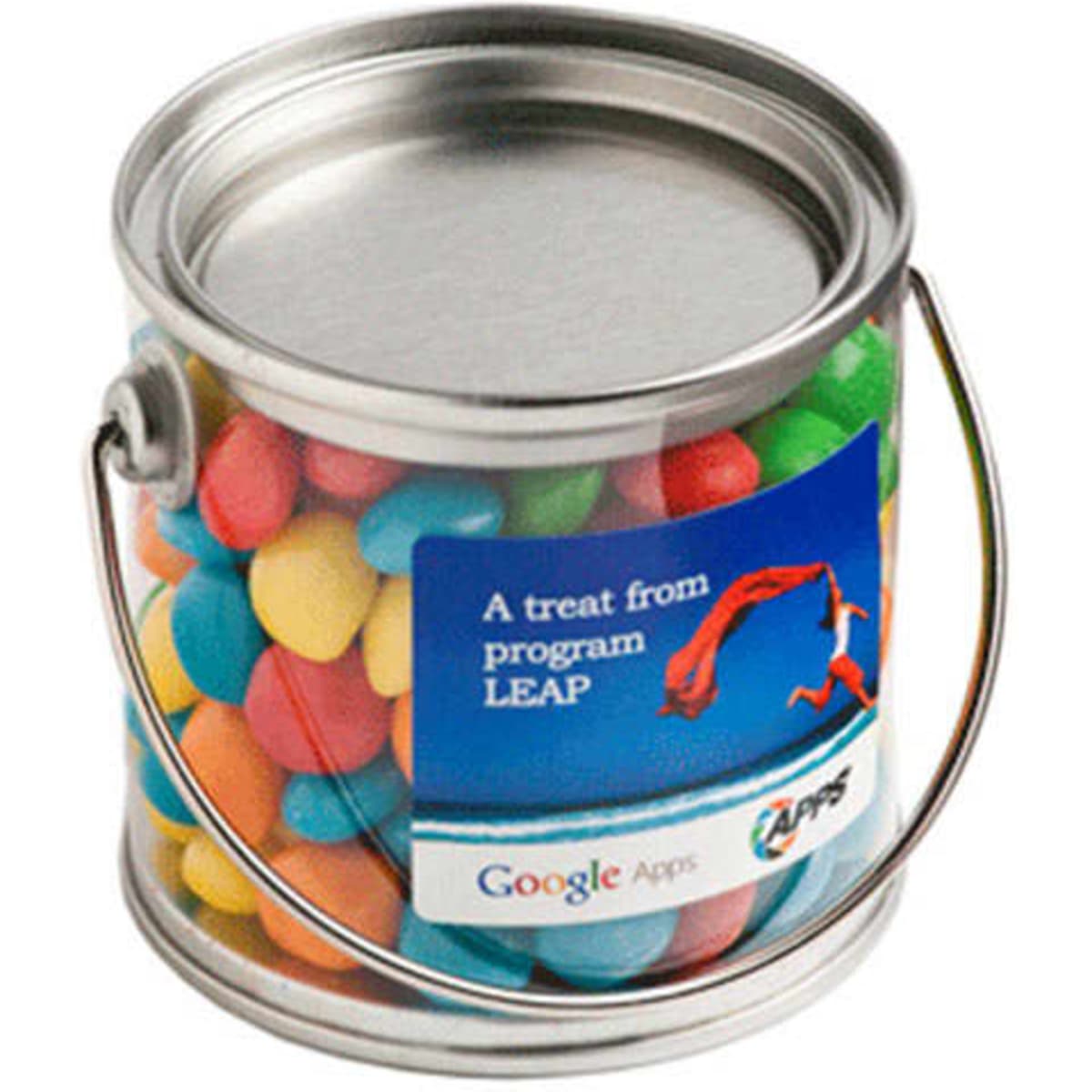 A small silver bucket filled with colourful chewy fruit candies, featuring a handle and a logo on the side.