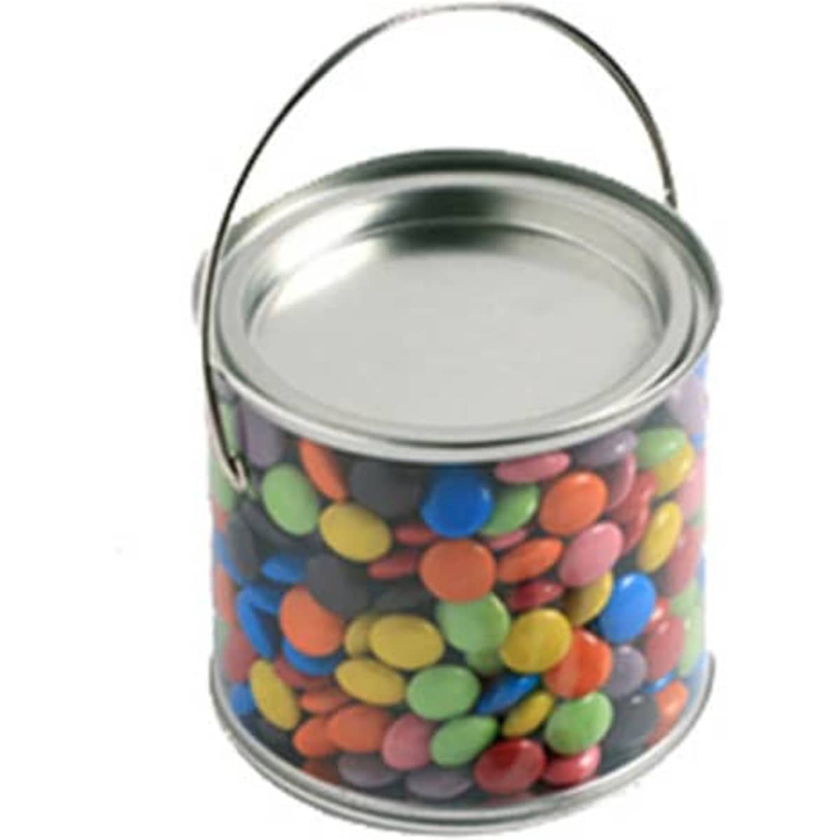 A medium, clear PVC bucket filled with colourful choc beans, featuring a metallic handle.