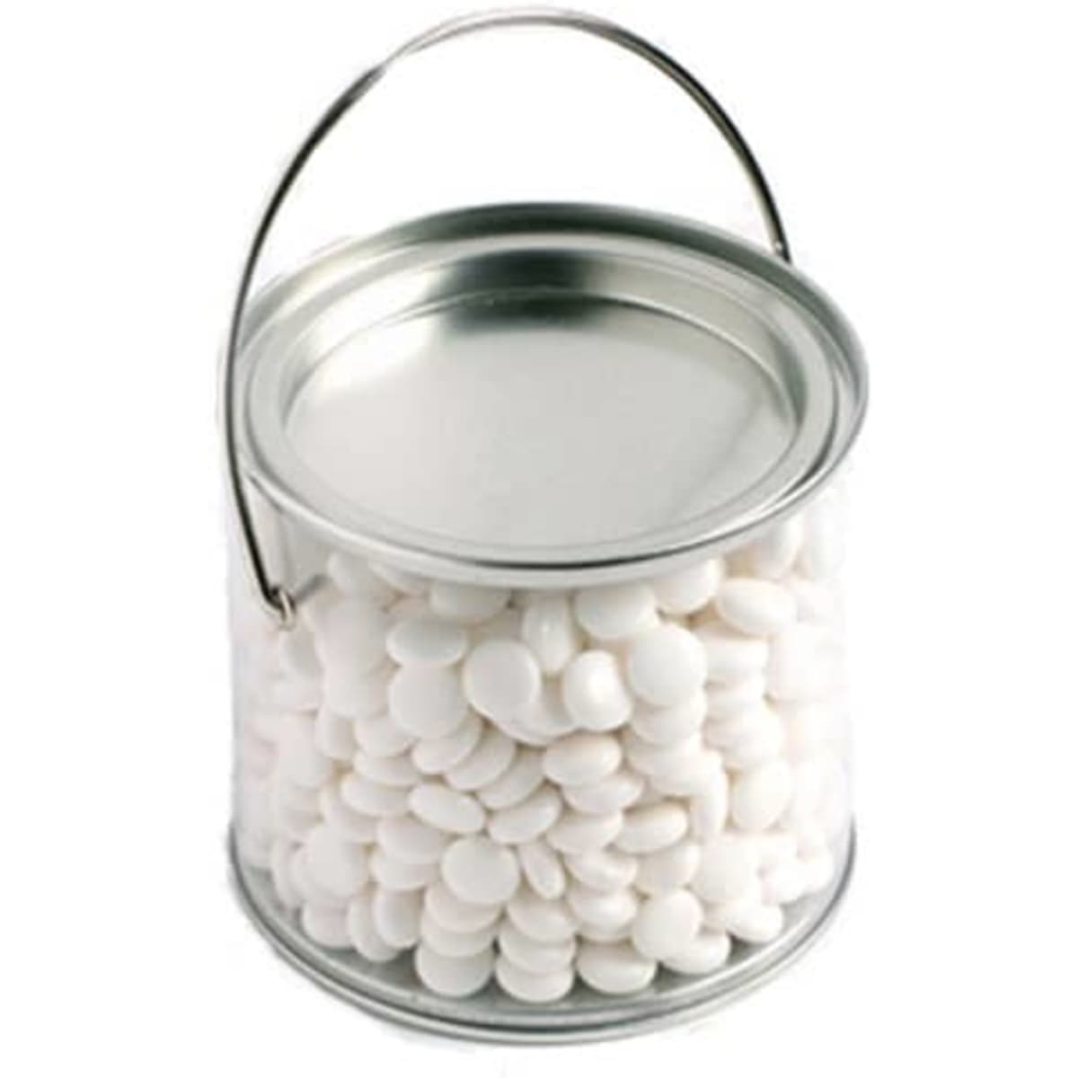 A medium clear PVC bucket filled with white chewy mints, featuring a silver lid and handle.