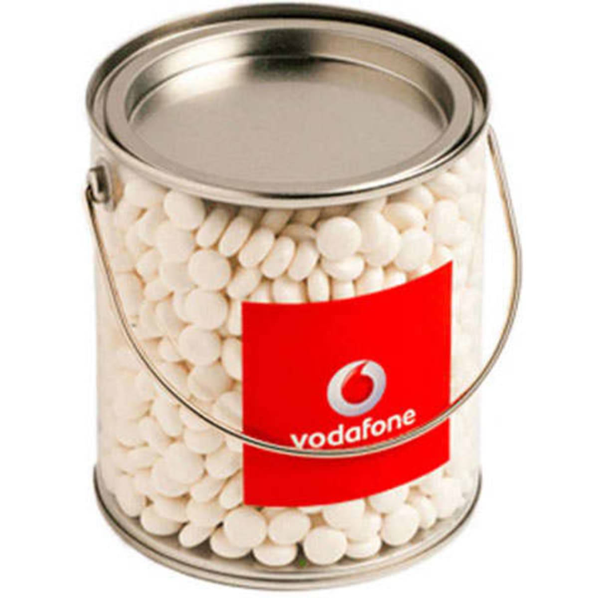 A tin bucket filled with white chewy mints and featuring a logo on the front.