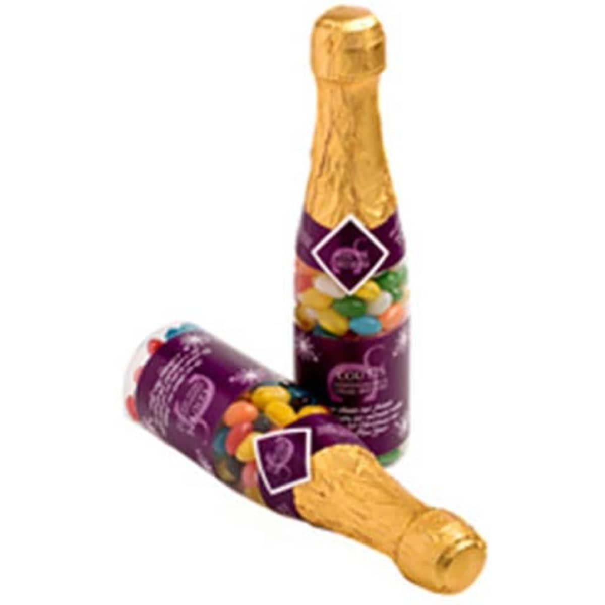 A drink bottle resembling a champagne bottle, filled with multi-coloured jelly beans and wrapped in gold foil.