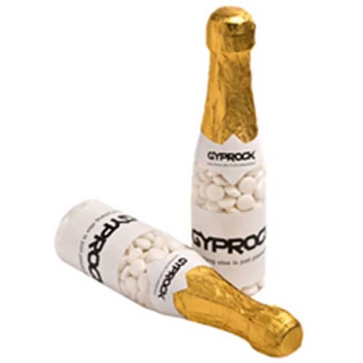 A drink bottle resembling a champagne bottle, filled with white mints, featuring gold foil and branding.
