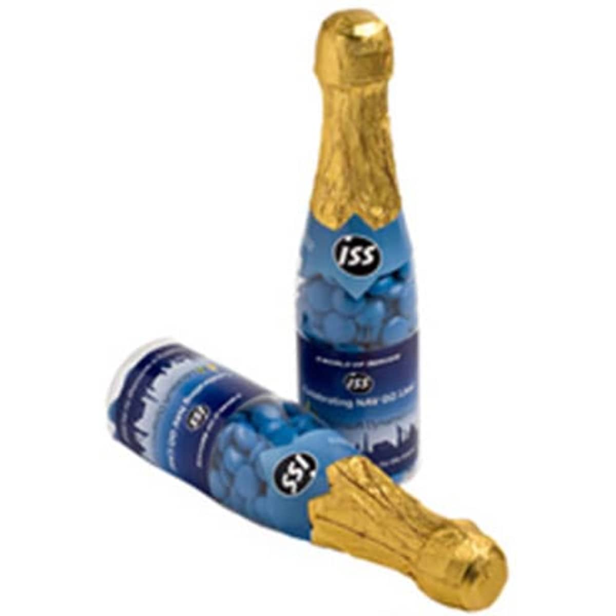 A drink bottle resembling a champagne bottle, with a gold foil top and a blue label featuring a logo, surrounded by chocolate beans.