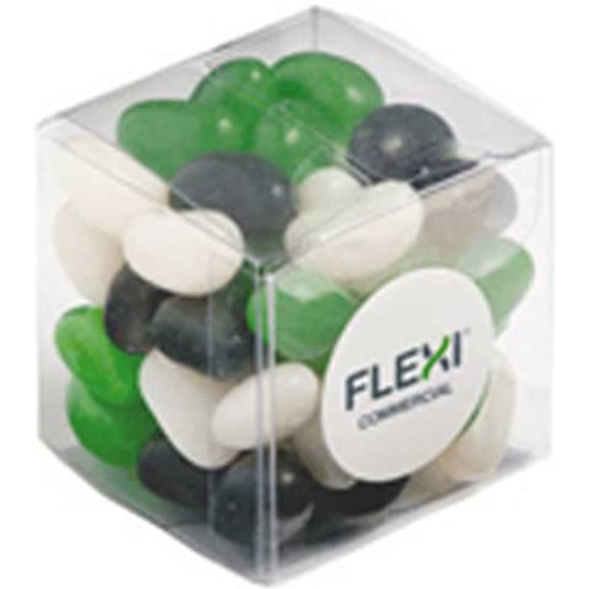 A cube container filled with green, black, and white jelly beans. The container has a logo on it.