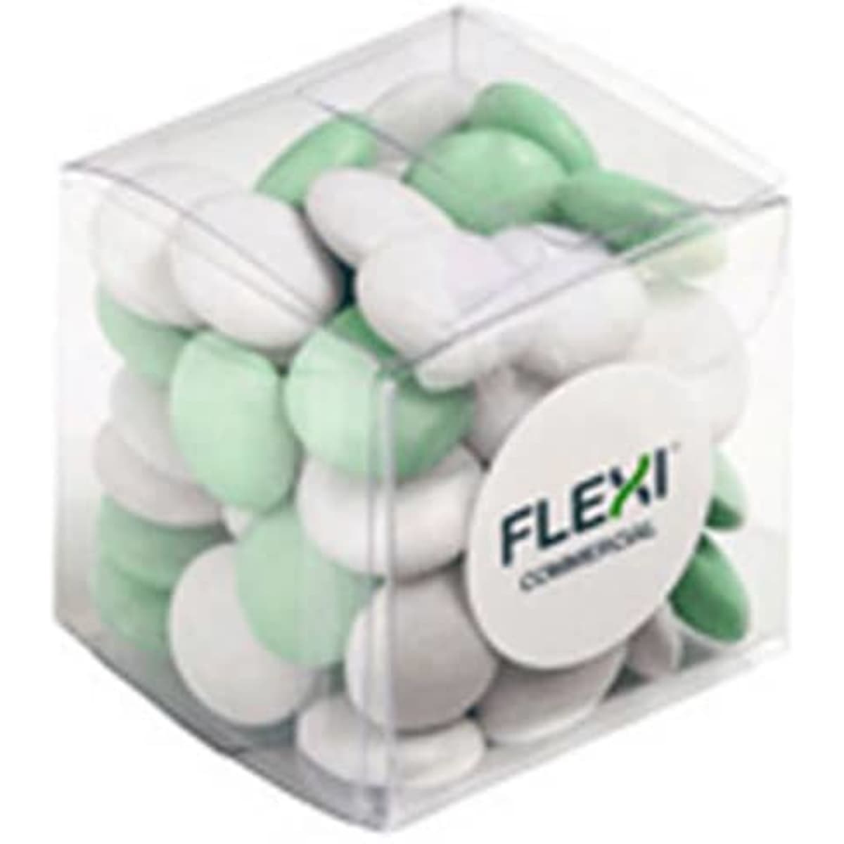 A clear cube container filled with green and white chocolate beans, featuring a logo on the front.