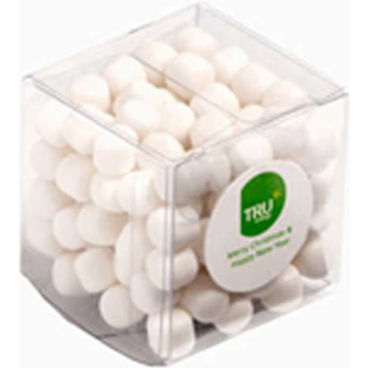A transparent cube container filled with white chewy mints. Features a logo on the front of the packaging.
