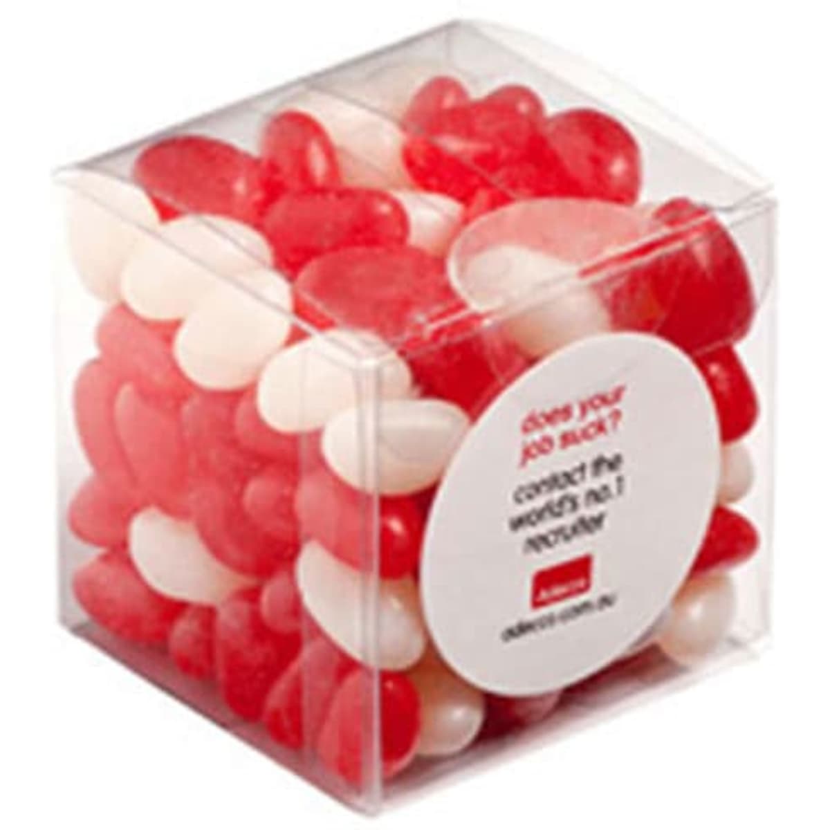 A clear cube containing red and white jelly beans, showcasing a mix of colours in a transparent package.