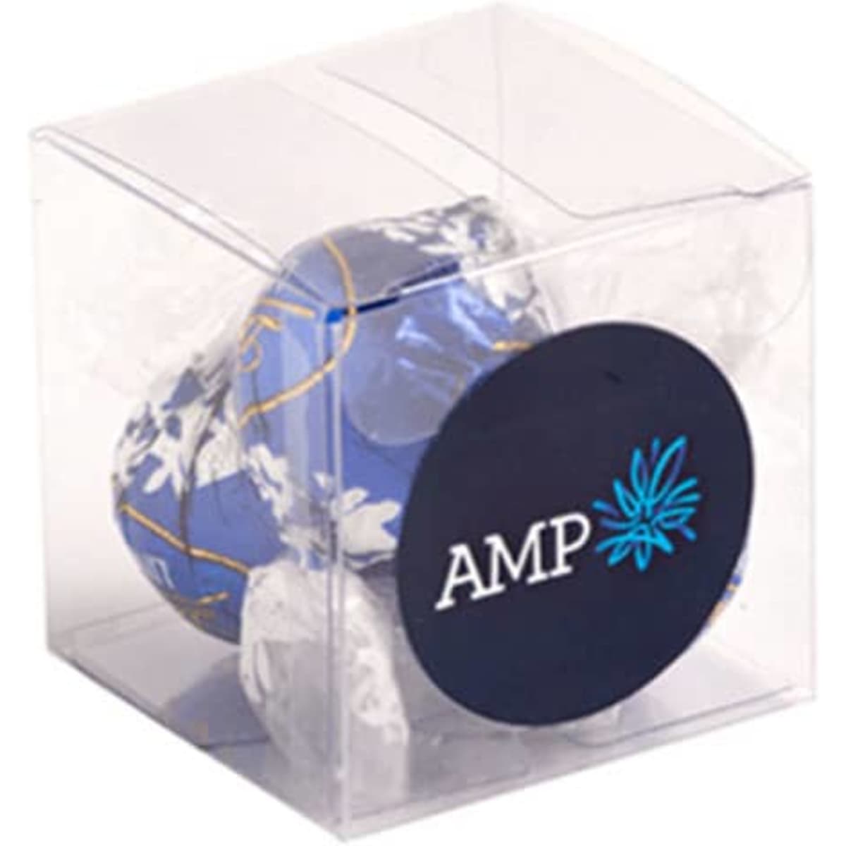 A clear cube packaging containing blue and white wrapped chocolate balls. The packaging features a logo.