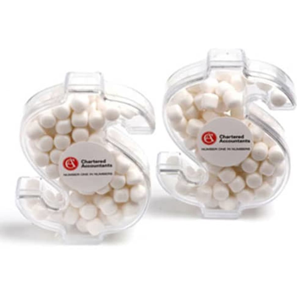 Acrylic dollar-shaped container filled with white mints, featuring a logo on the front.