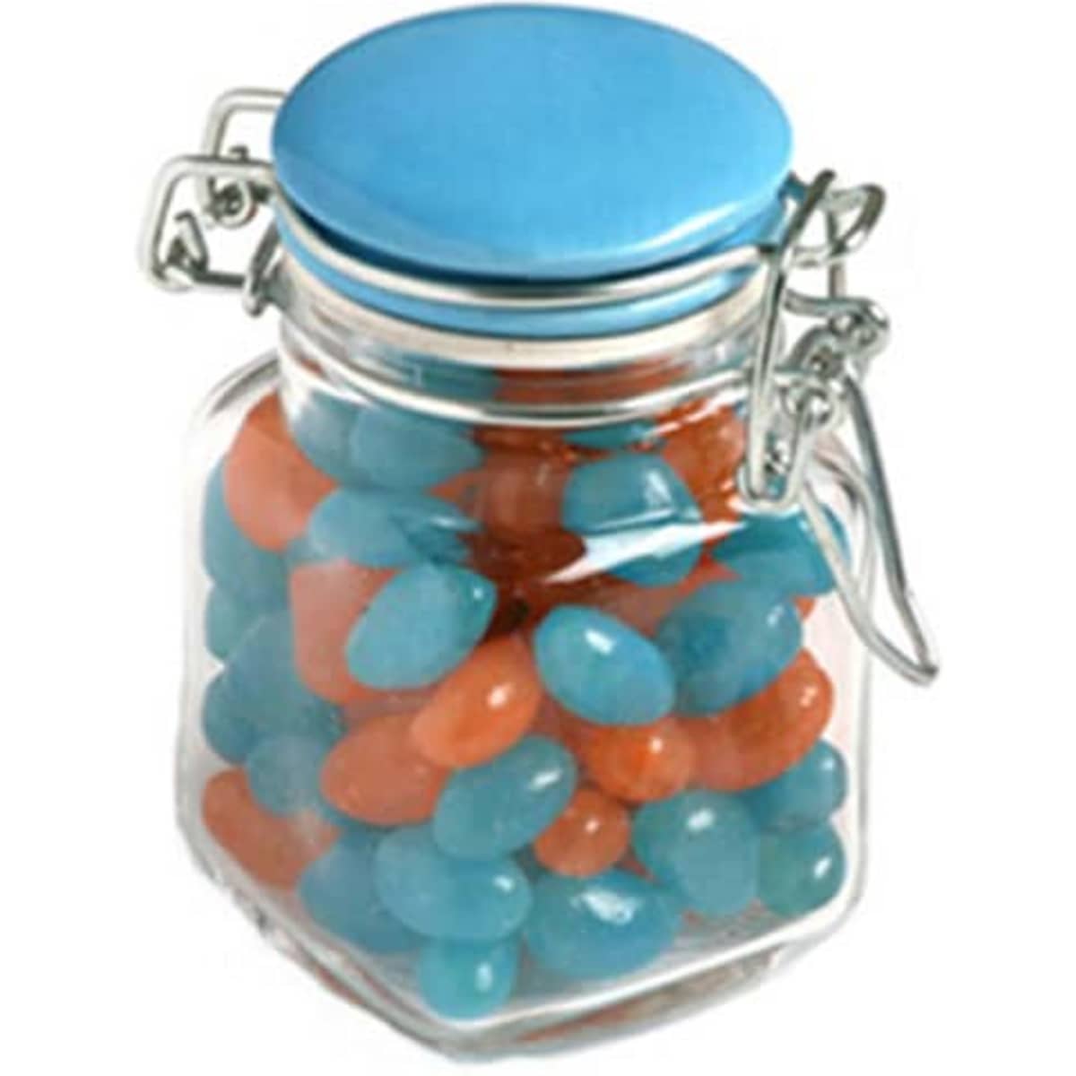 A glass clip lock jar with a blue lid, filled with blue and orange mini jelly beans.