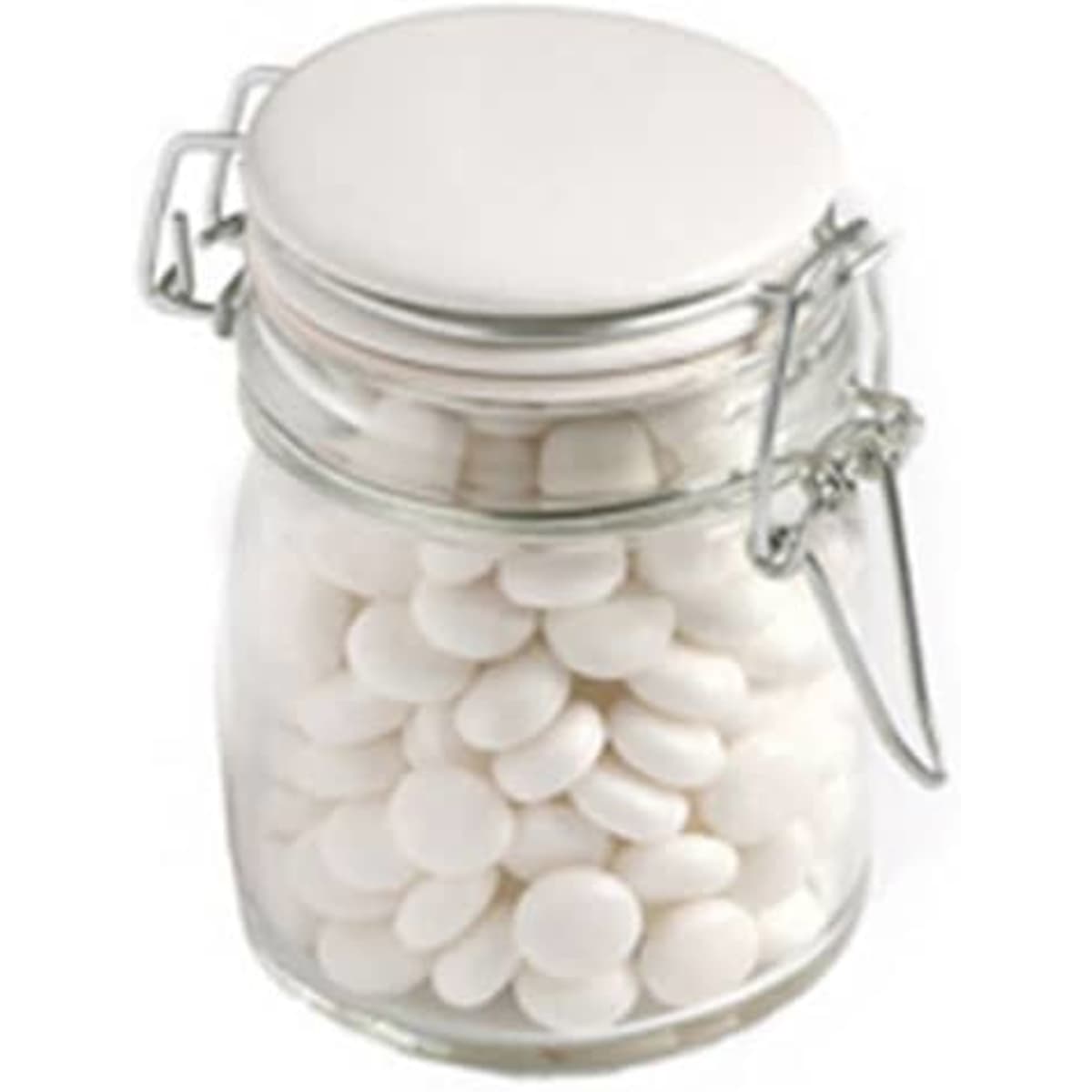 A glass clip lock jar filled with white mints, featuring a metal clasp and a white lid.