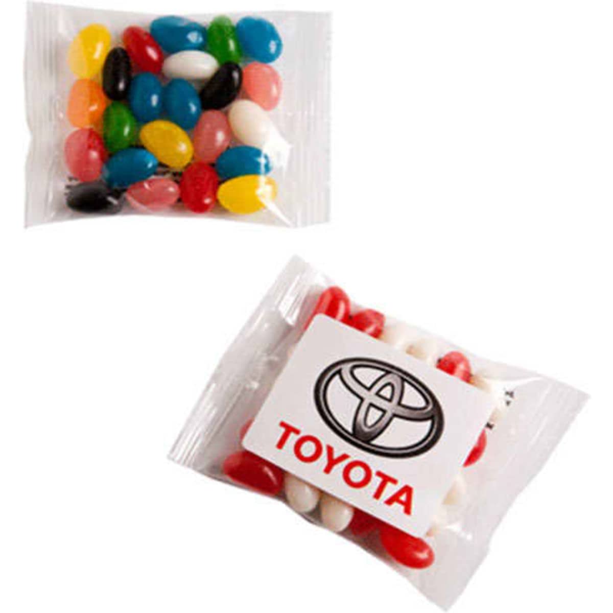A clear bag of mini jelly beans in various colours, featuring a logo on one side.