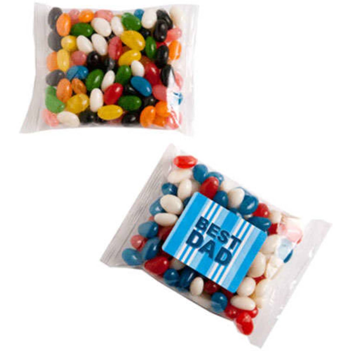 A packet of colourful mini jelly beans in various flavours, featuring a branded label.