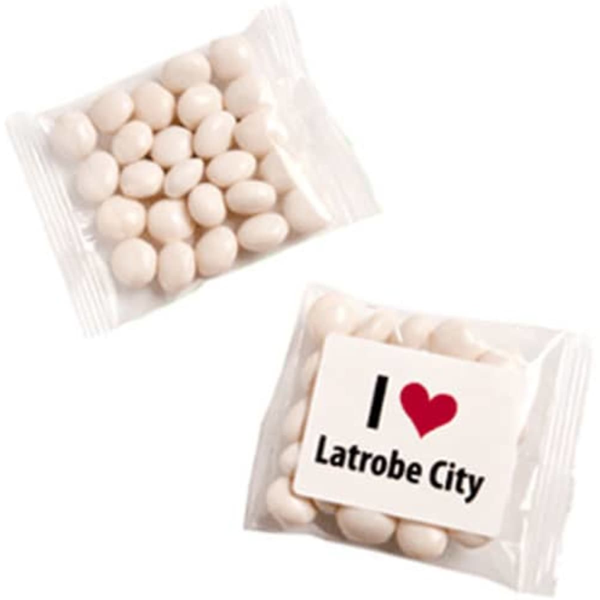 A packet of white mints contains oval-shaped candies. The packaging features a logo and text about Latrobe City.