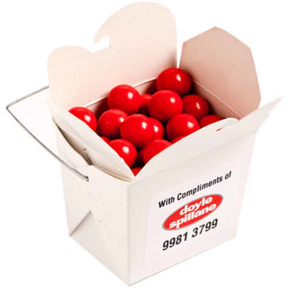 A white cardboard noodle box filled with bright orange chocolate drops. The box has a handle and a branding logo.