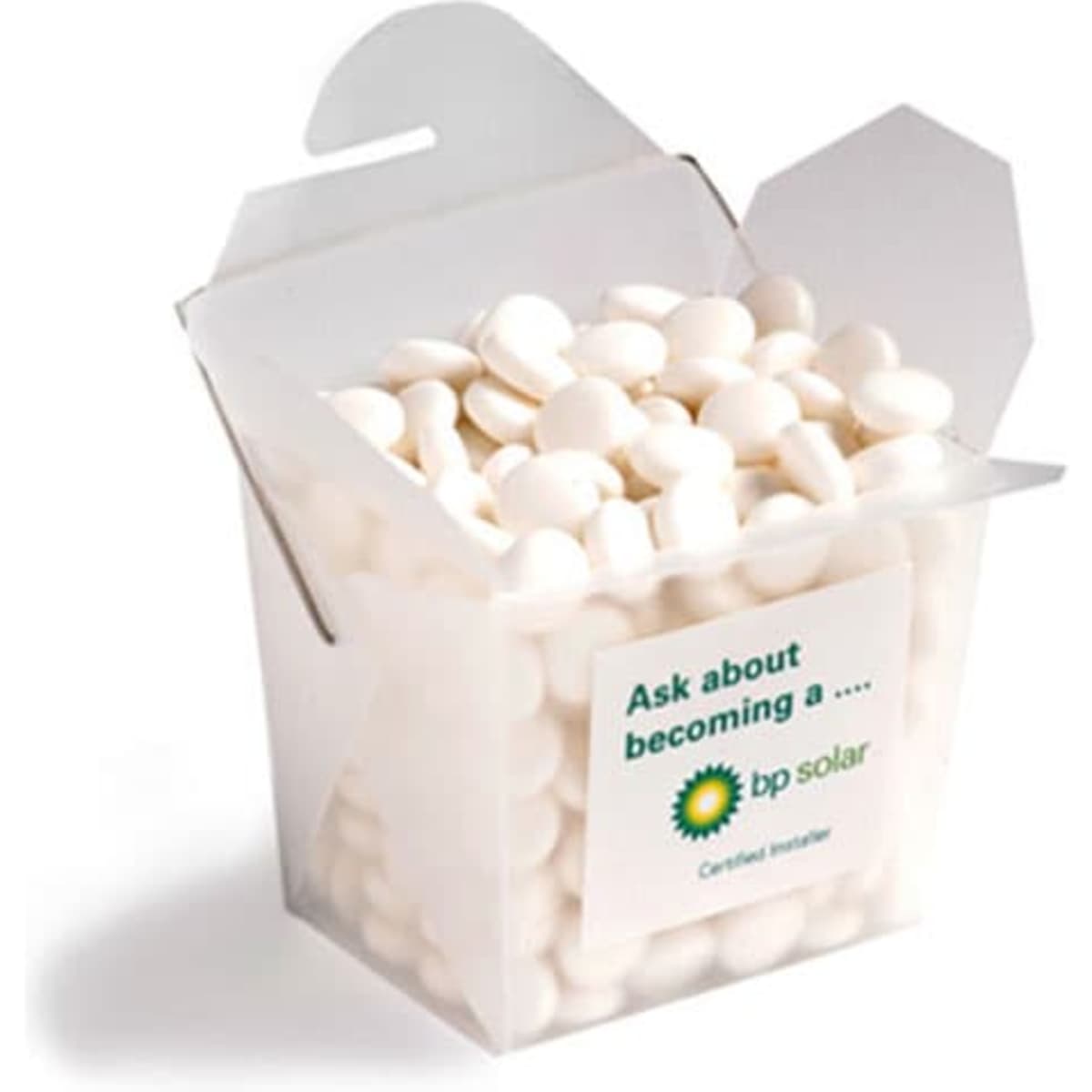 A frosted noodle box filled with white mints, featuring a logo on the exterior.