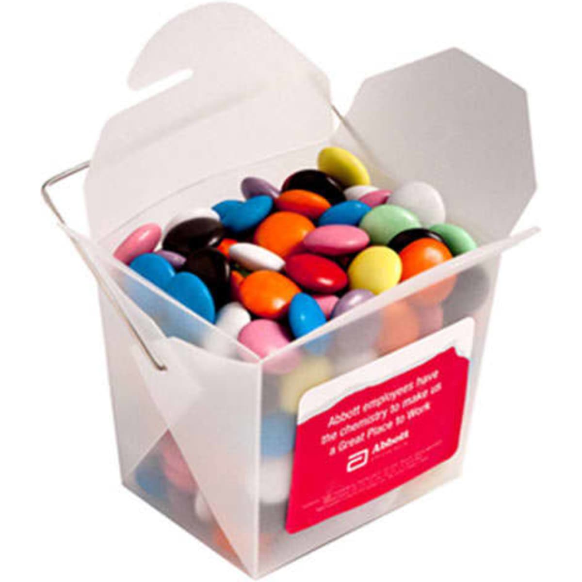A frosted noodle box filled with colourful chocolate beans, featuring a metal handle and a logo on the side.