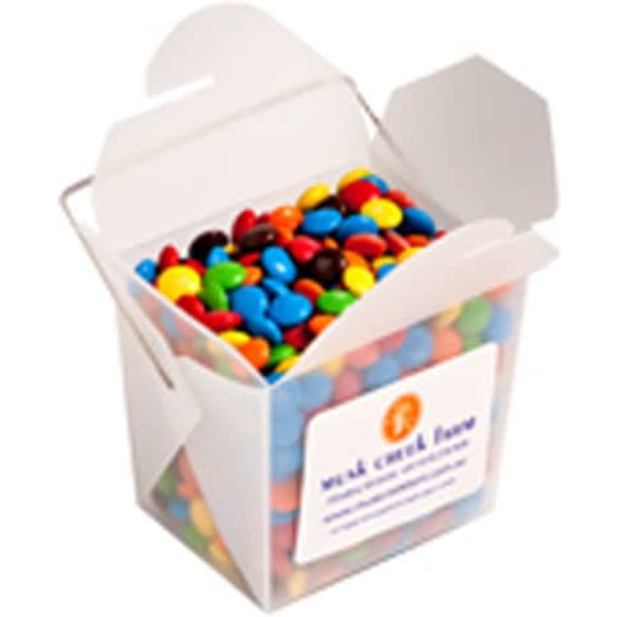 A frosted noodle box filled with colourful chocolate beans, featuring various shades of red, blue, yellow, green, and brown.