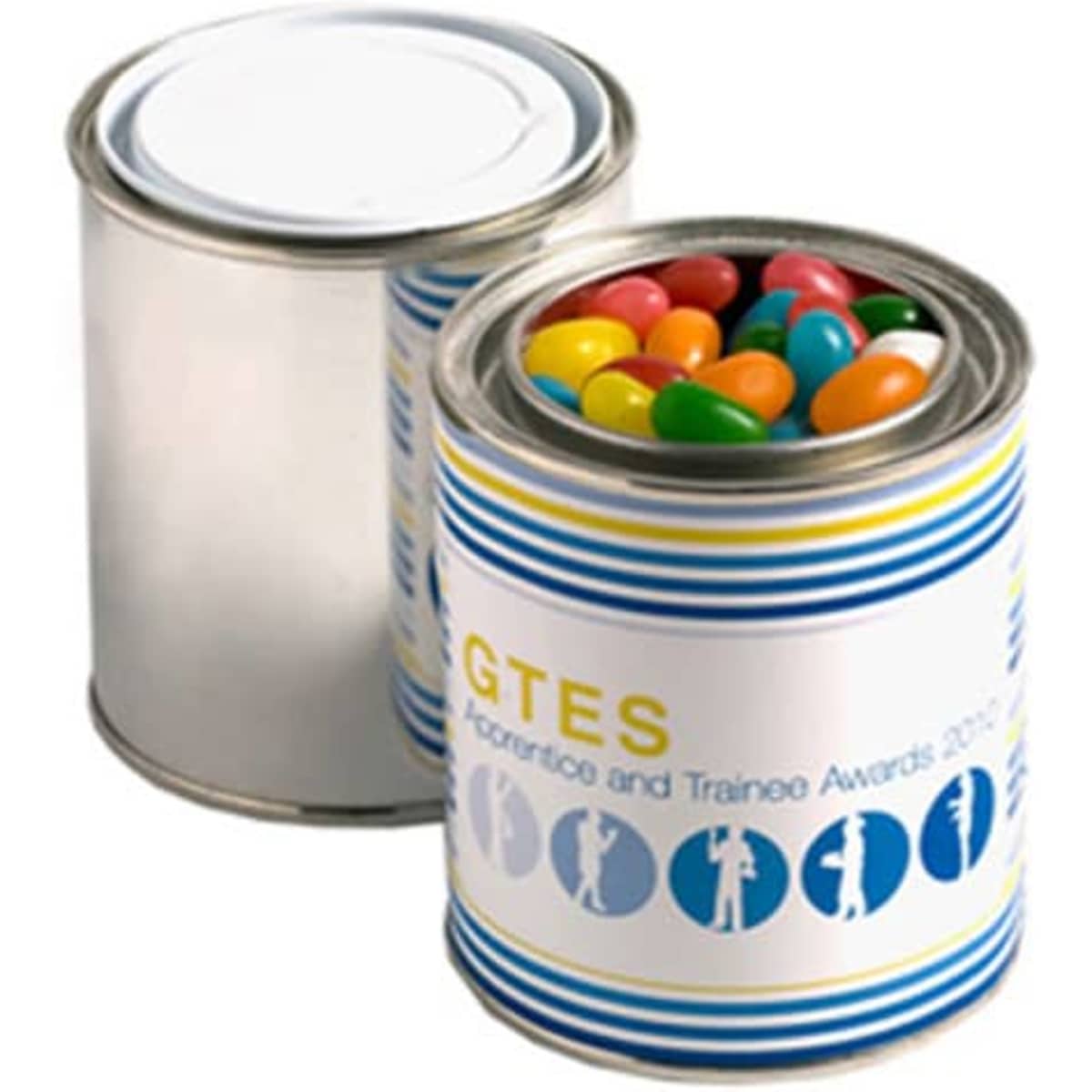 A paint tin filled with colourful jelly beans, featuring a striped design and a blank silver lid.
