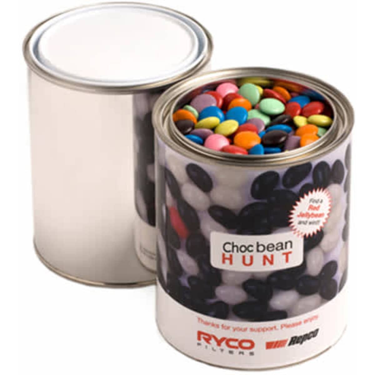A tin filled with colourful choc beans, featuring a sleek silver exterior and a clear lid.