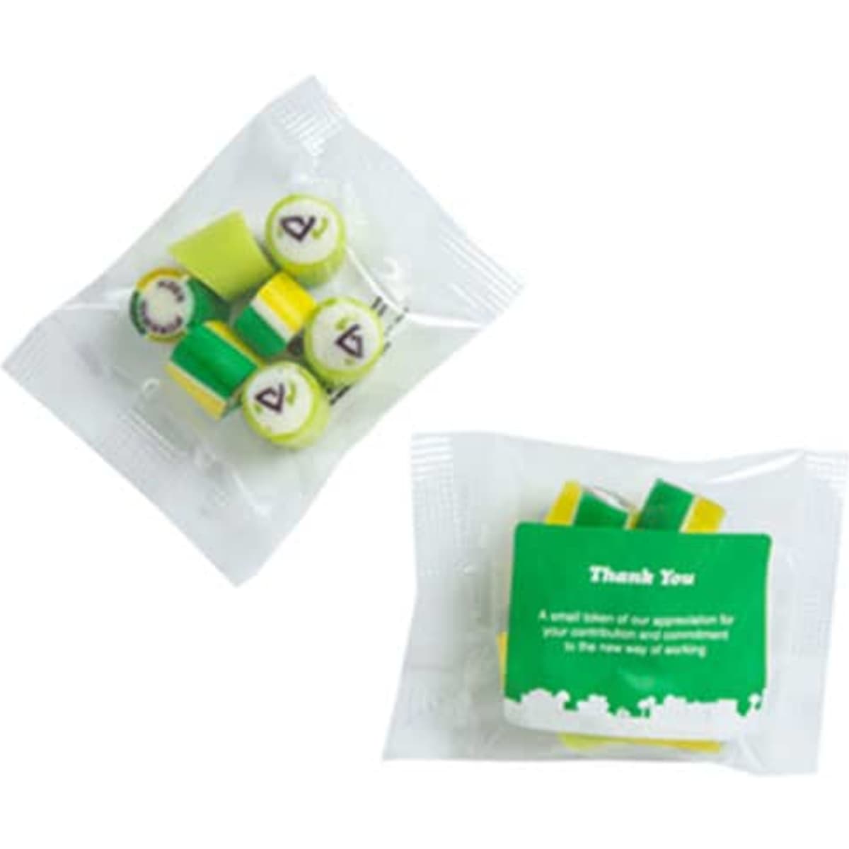 A plastic pouch containing vibrant yellow and green rock candy pieces with round and rectangular shapes.