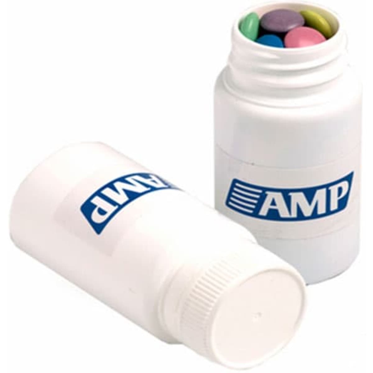 A white pill jar containing colourful chocolate beans, with a logo on the jar.