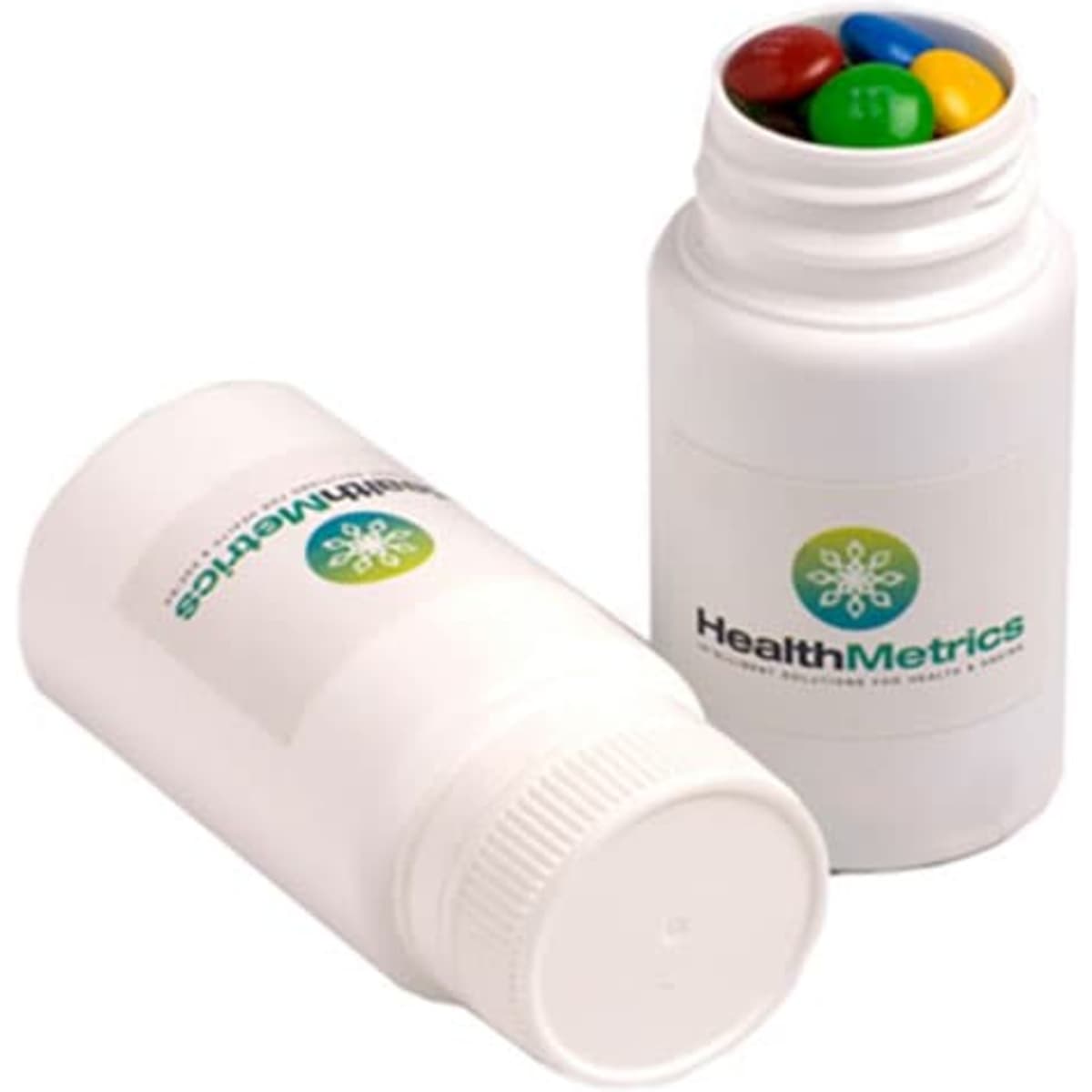 A pill jar containing colourful M&Ms, featuring a white container with a logo.
