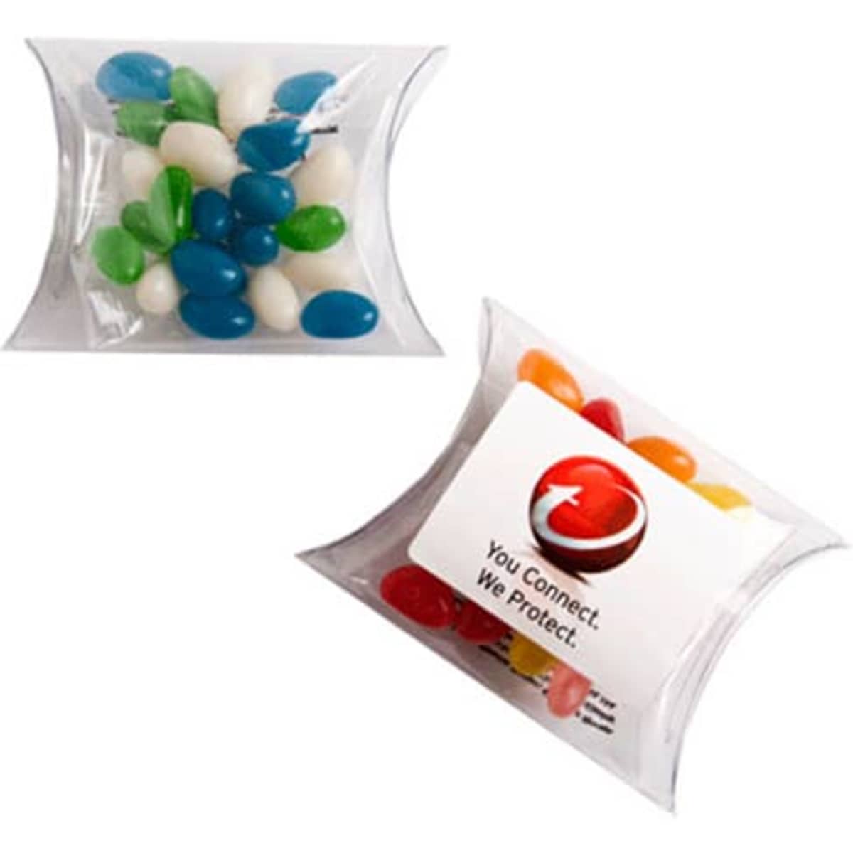 A pillow pack containing assorted mini jelly beans in blue, green, white, and other vibrant colours, with a logo.