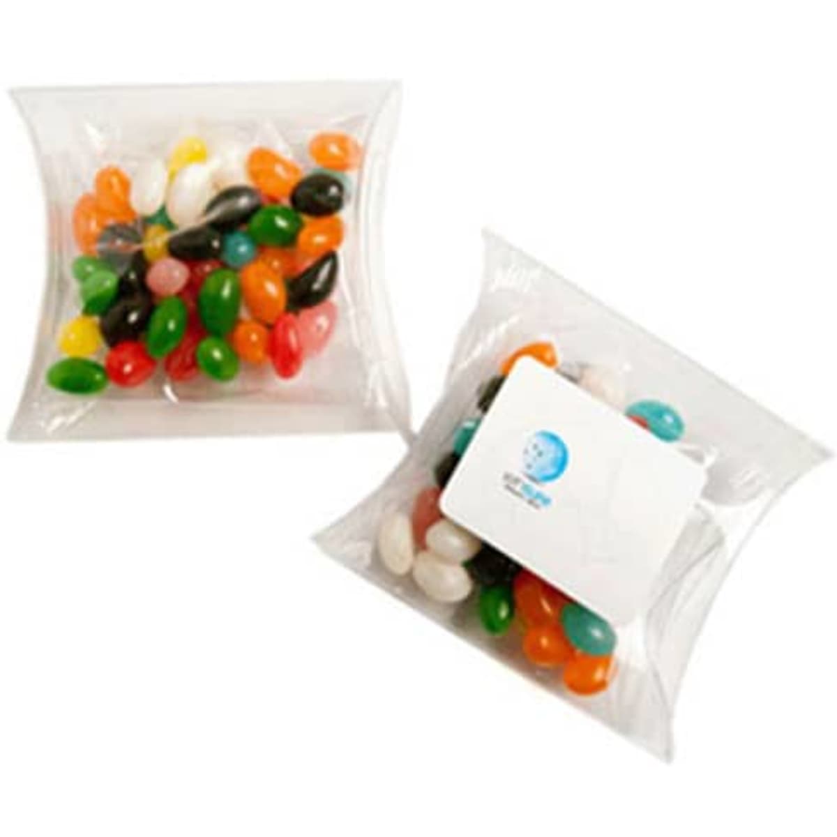 A Pillow Pack containing assorted mini jelly beans in various colours, with a logo on the packaging.