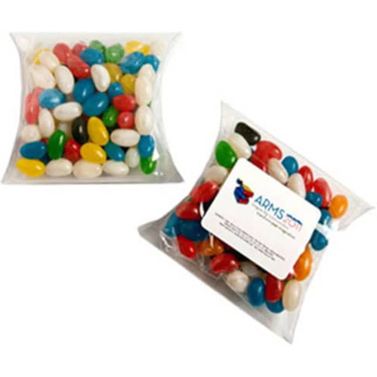 A pillow pack containing assorted mini jelly beans in various colours, featuring a logo on the packaging.