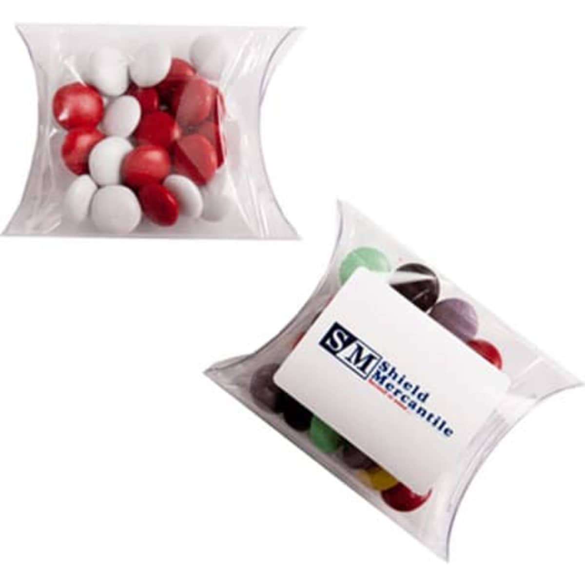Pillow pack containing red, white, and assorted choc beans. The pack features a branding logo.