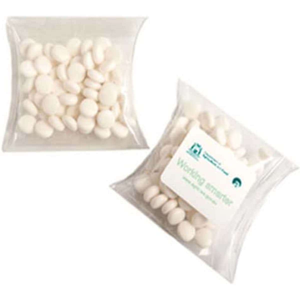 A pillow pack containing white mints, featuring a clear plastic exterior and a printed label.