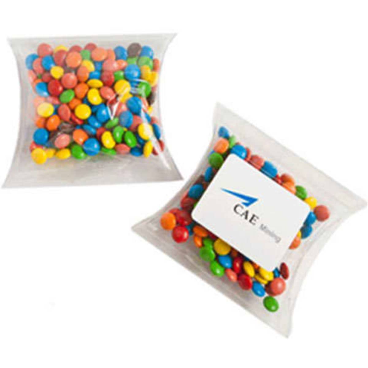 A pillow pack containing colourful M&Ms in various bright shades, with a logo on the packaging.