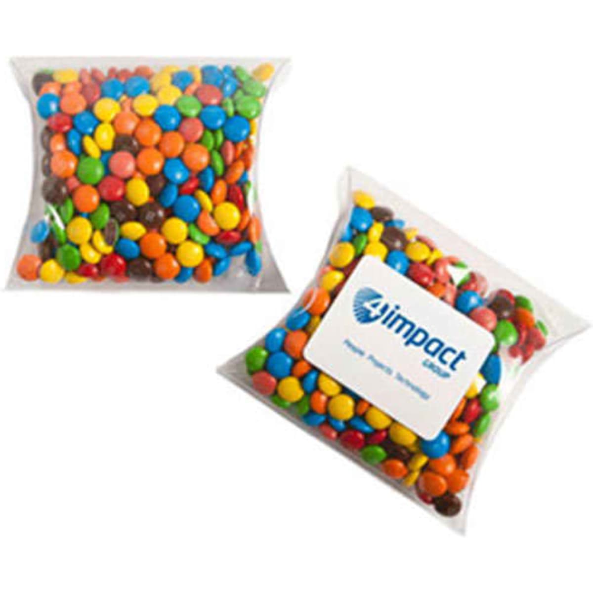 A clear pillow pack filled with colourful M&Ms in various shades, featuring a visible logo on the packaging.