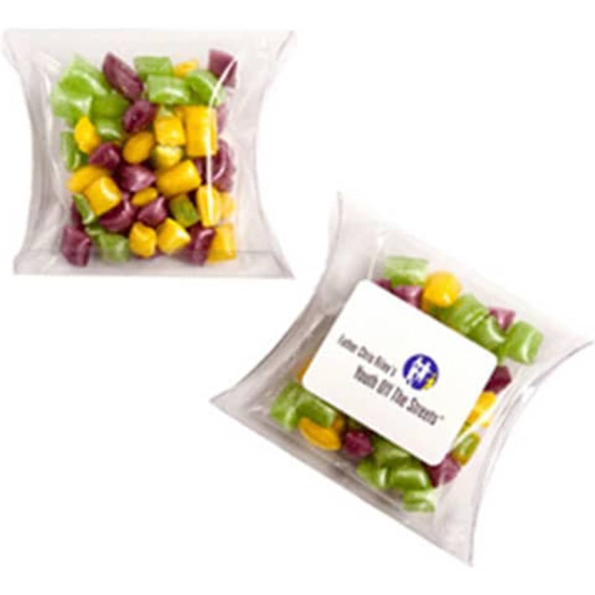A clear pillow pack containing colourful humbugs in purple, green, and yellow shades. The pack features a logo.