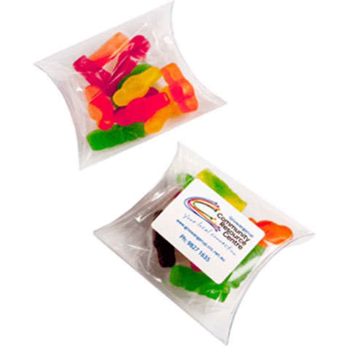 A pillow pack containing assorted jelly babies in vibrant colours, with a logo on the packaging.