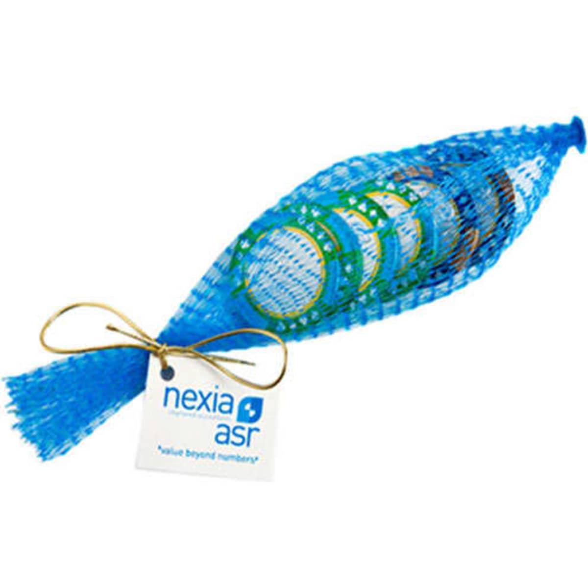 A blue mesh bag containing chocolate poker chips, tied with a string and featuring a tag.