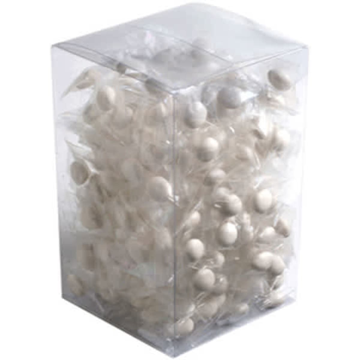 A clear PVC box filled with individually wrapped chewy mint candies. The mints are white in colour.