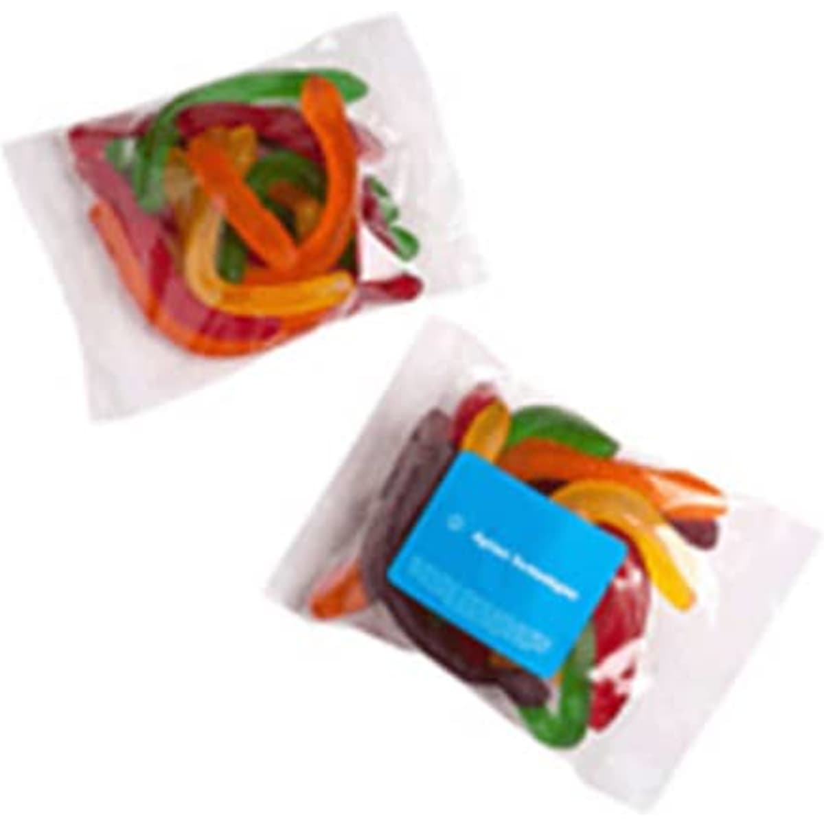 A clear bag filled with coloured gummy snakes in vibrant green, orange, red, and yellow hues. The bag features a logo.