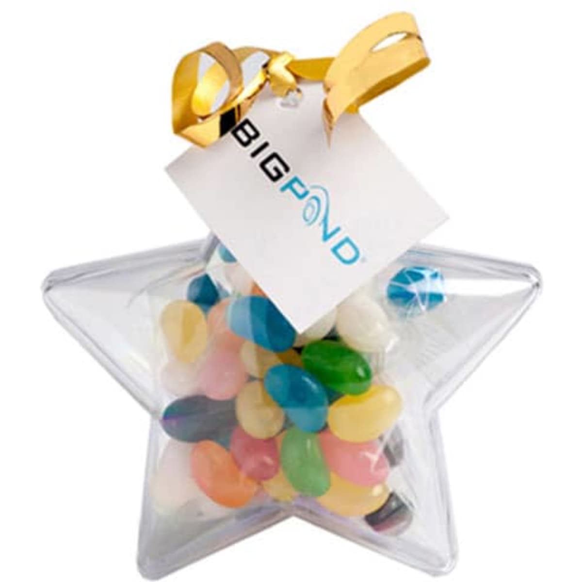 Acrylic star container filled with colourful mini jelly beans, topped with a gold ribbon and attached tag.