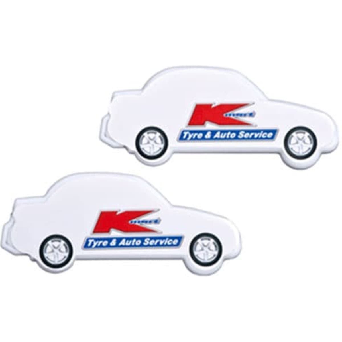 A car-shaped mint card in white, featuring a logo and wheels design. Two pieces are displayed together.